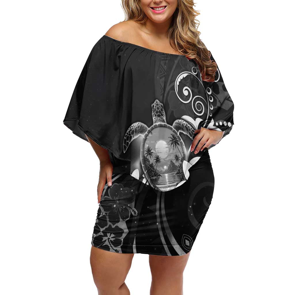 Hawaii Honu Off Shoulder Short Dress Polynesian Curves Plumeria Grayscale - Polynesian Pride