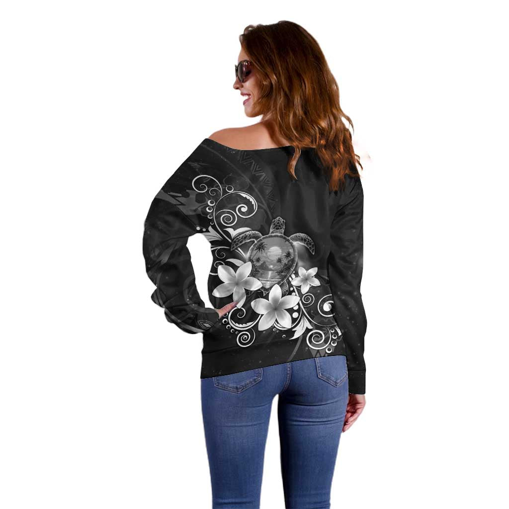 Hawaii Honu Off Shoulder Sweater Polynesian Curves Plumeria Grayscale - Polynesian Pride