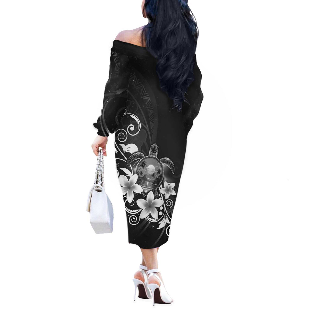 Hawaii Honu Off The Shoulder Long Sleeve Dress Polynesian Curves Plumeria Grayscale - Polynesian Pride