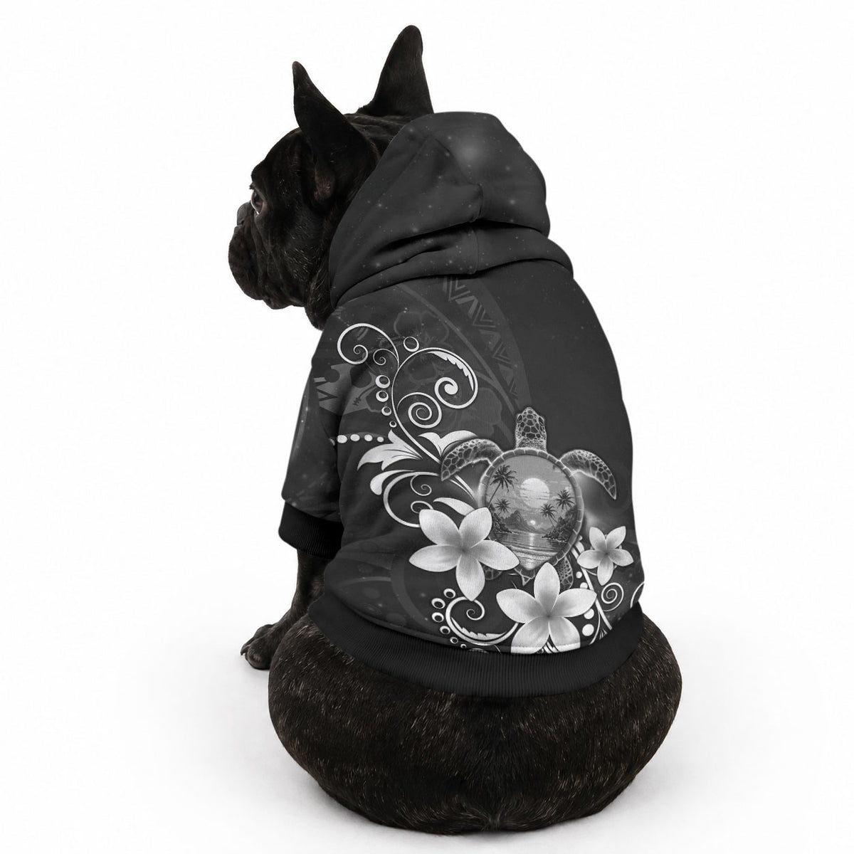 Hawaii Honu Pet Hoodie Polynesian Curves Plumeria Grayscale LT05 - Polynesian Pride