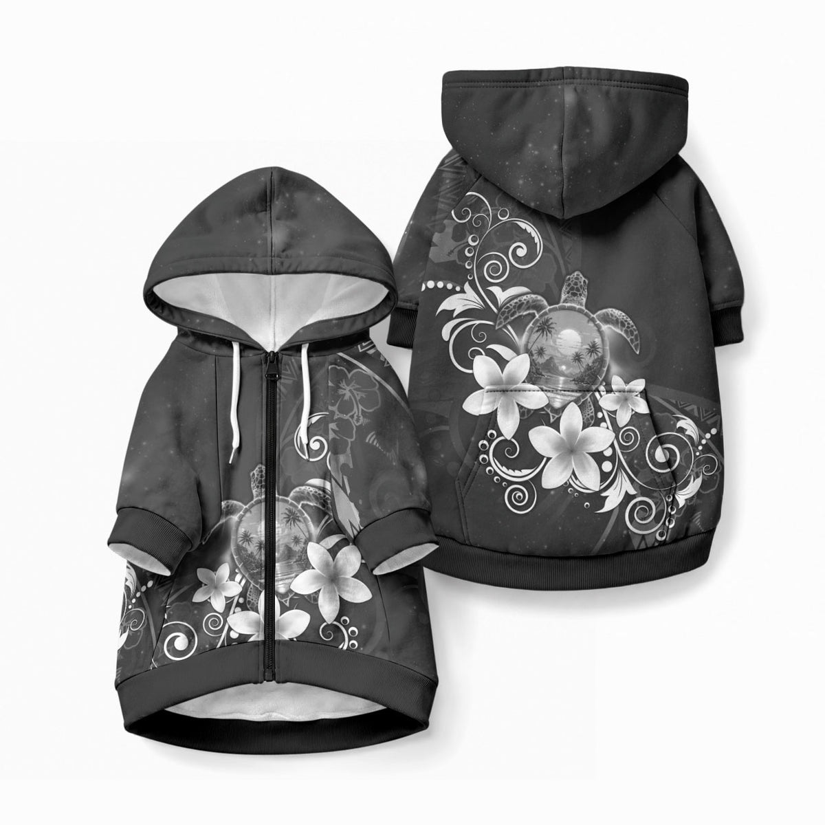 Hawaii Honu Pet Hoodie Polynesian Curves Plumeria Grayscale LT05 Zip-up Black - Polynesian Pride