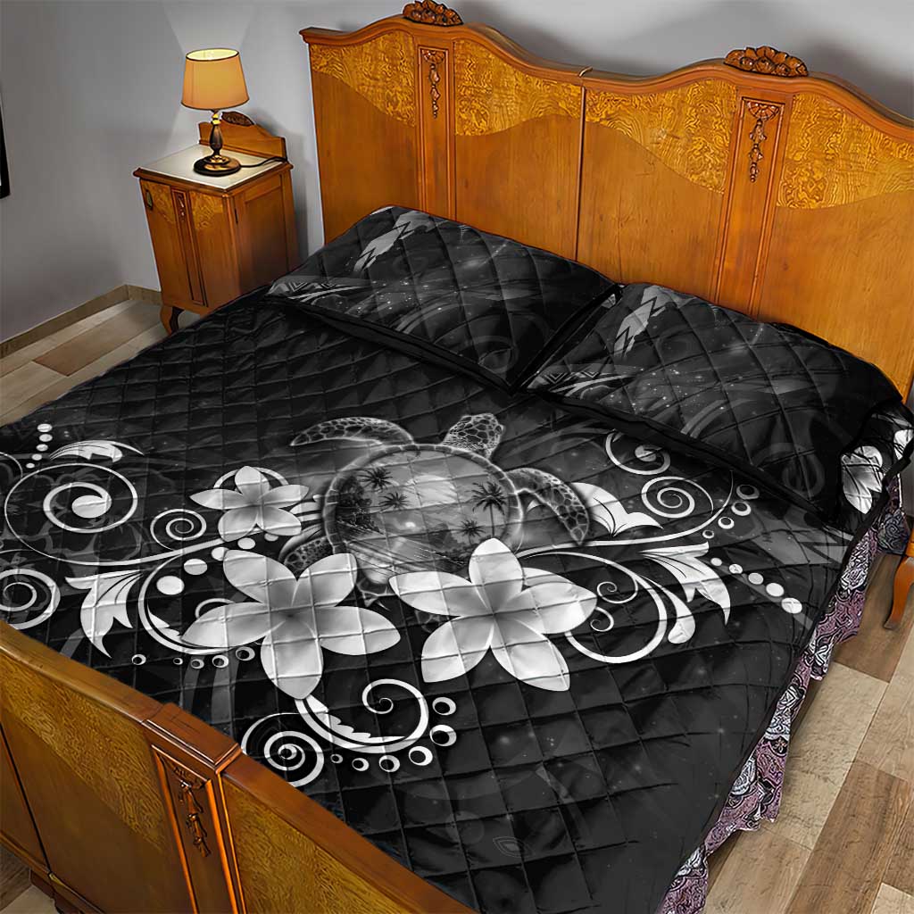 Hawaii Honu Quilt Bed Set Polynesian Curves Plumeria Grayscale - Polynesian Pride