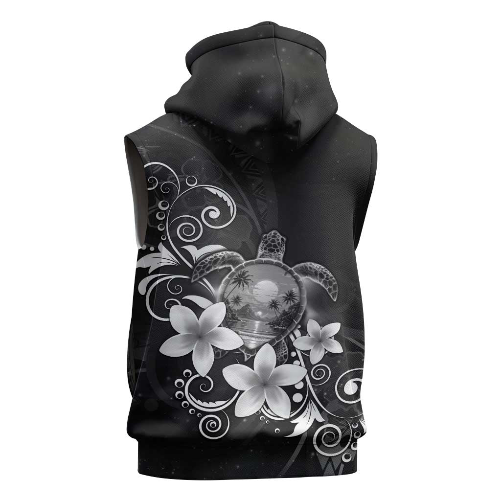 Hawaii Honu Sleeveless Hoodie Polynesian Curves Plumeria Grayscale - Polynesian Pride
