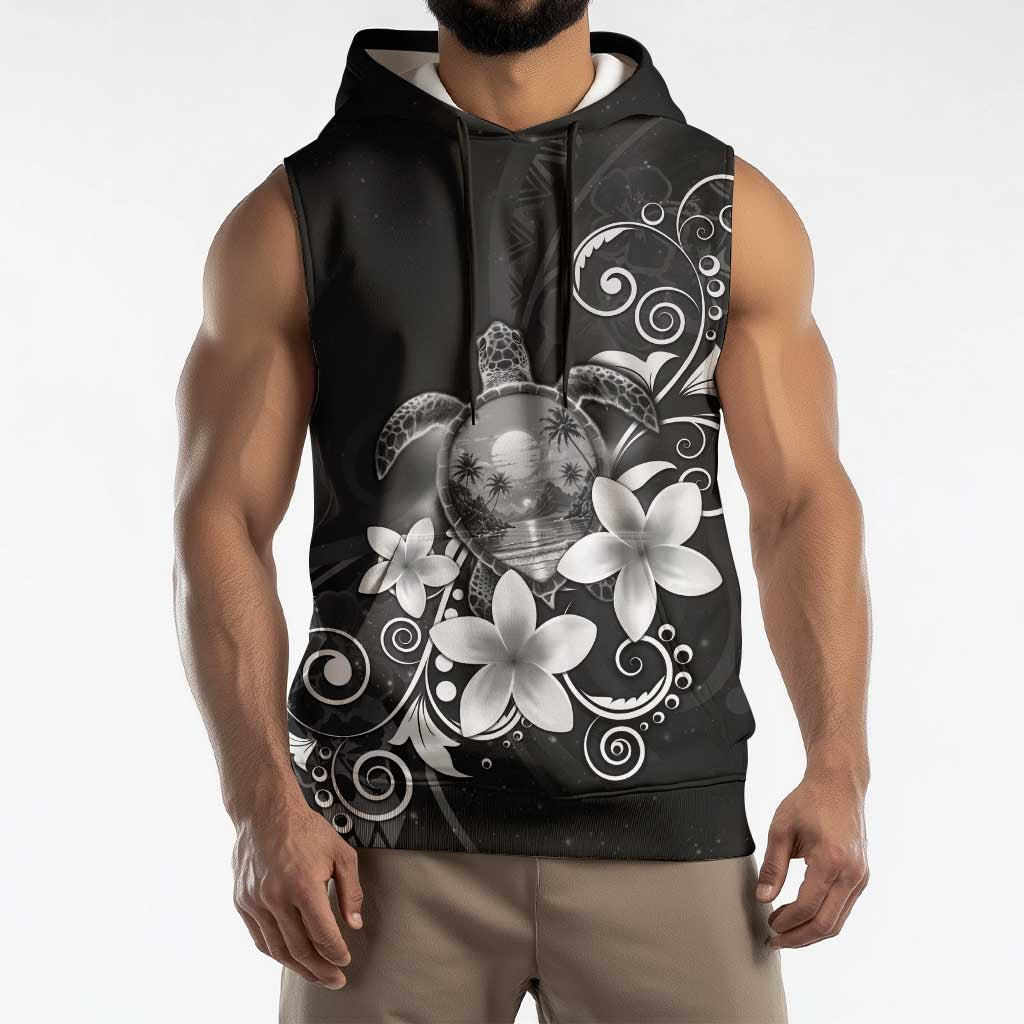 Hawaii Honu Sleeveless Hoodie Polynesian Curves Plumeria Grayscale - Polynesian Pride