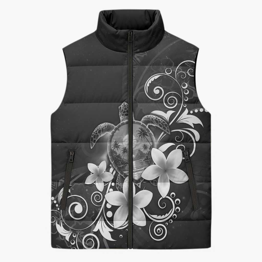 Hawaii Honu Sleeveless Puffer Jacket Polynesian Curves Plumeria Grayscale - Polynesian Pride