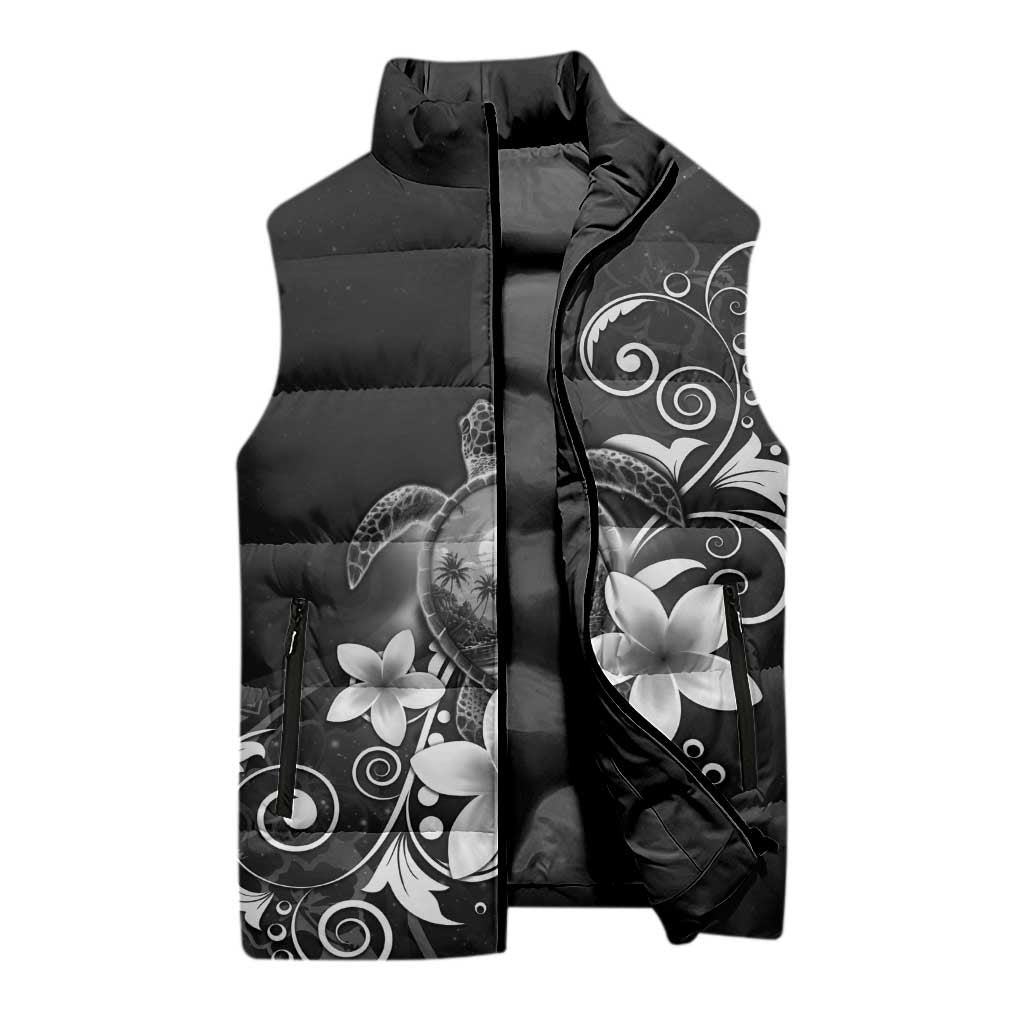 Hawaii Honu Sleeveless Puffer Jacket Polynesian Curves Plumeria Grayscale - Polynesian Pride