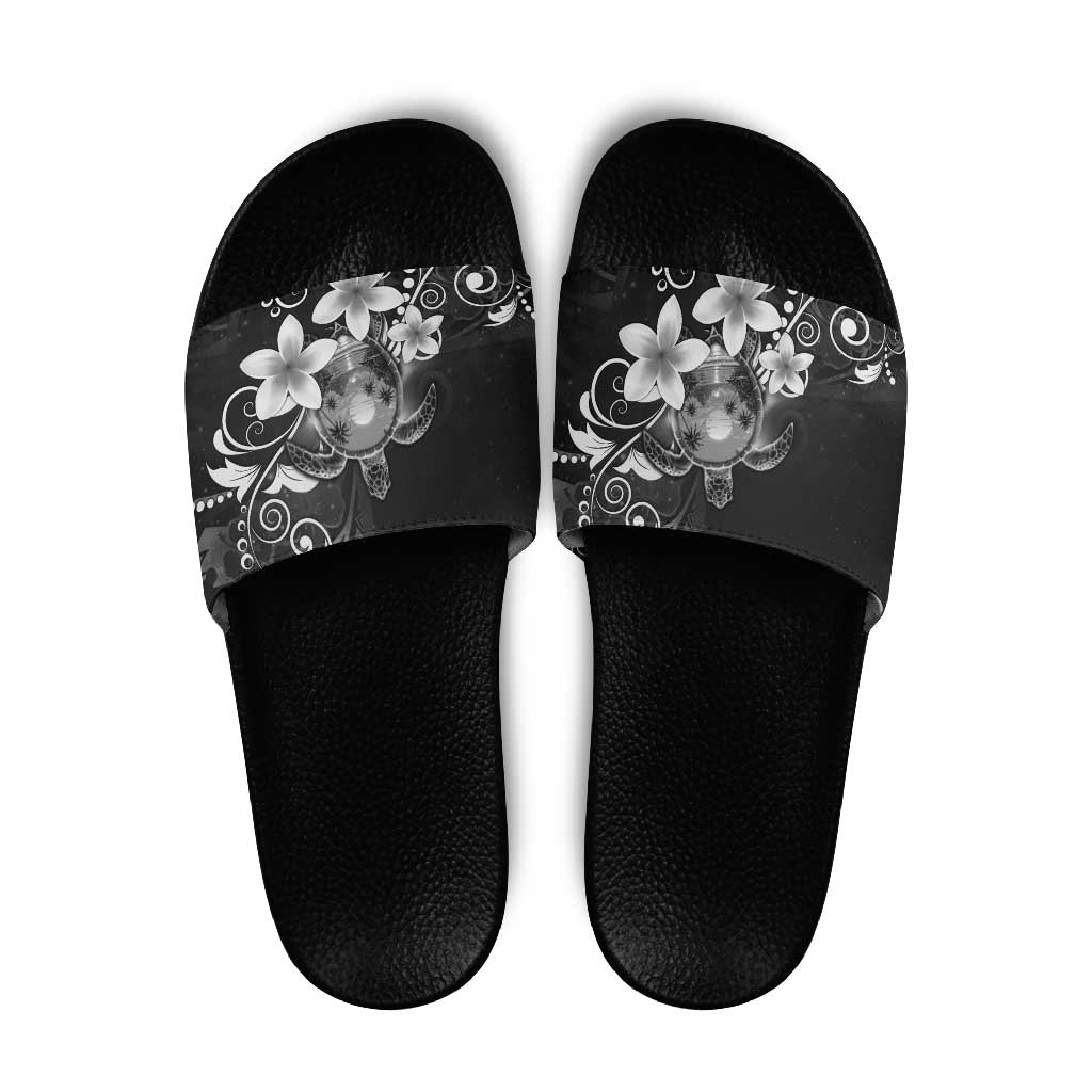 Hawaii Honu Slide Sandals Polynesian Curves Plumeria Grayscale - Polynesian Pride