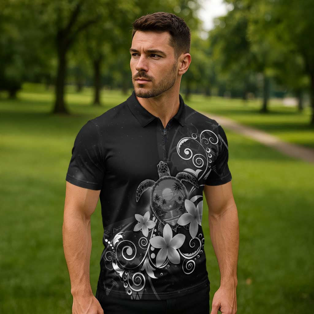 Hawaii Honu Zipper Polo Shirt Polynesian Curves Plumeria Grayscale - Polynesian Pride