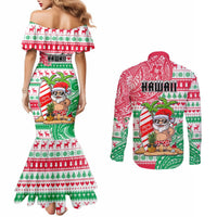 Hawaii Christmas Couples Matching Mermaid Dress and Long Sleeve Button Shirts Santa Claus Surf Mele Kalikimaka LT05 - Polynesian Pride