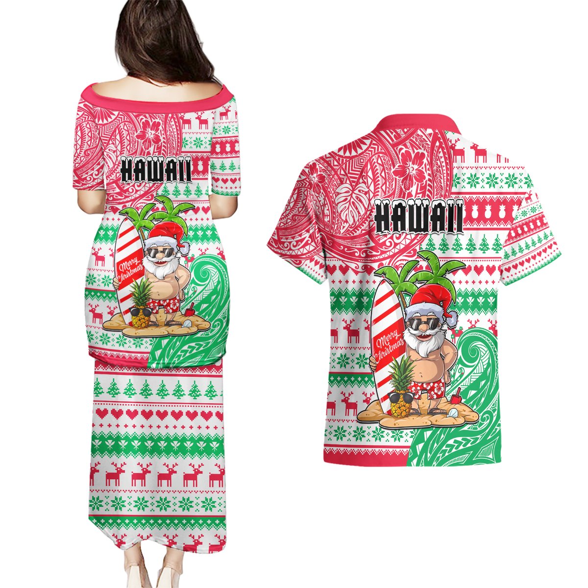 Hawaii Christmas Couples Matching Puletasi Dress and Hawaiian Shirt Santa Claus Surf Mele Kalikimaka LT05 - Polynesian Pride