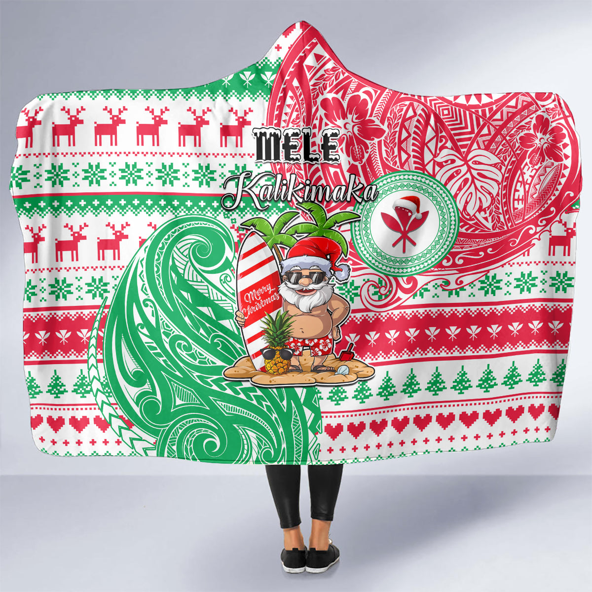 Hawaii Christmas Hooded Blanket Santa Claus Surf Mele Kalikimaka LT05 - Polynesian Pride