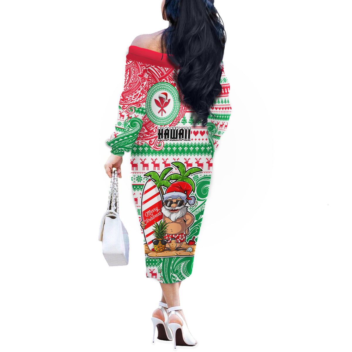Hawaii Christmas Off The Shoulder Long Sleeve Dress Santa Claus Surf Mele Kalikimaka LT05 - Polynesian Pride
