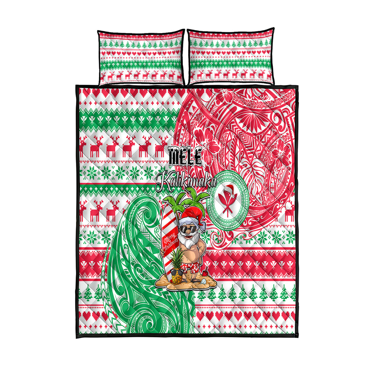 Hawaii Christmas Quilt Bed Set Santa Claus Surf Mele Kalikimaka LT05 Red - Polynesian Pride