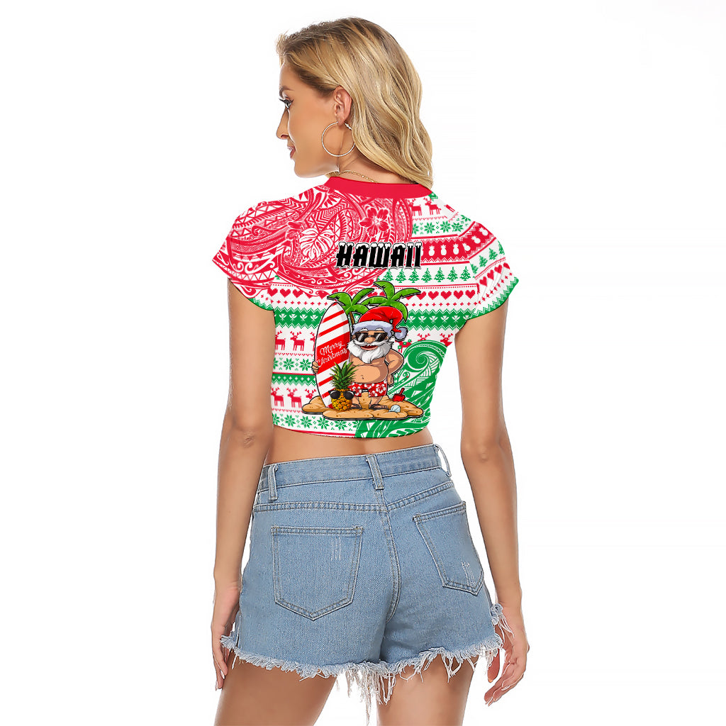 Hawaii Christmas Raglan Cropped T Shirt Santa Claus Surf Mele Kalikimaka LT05 - Polynesian Pride