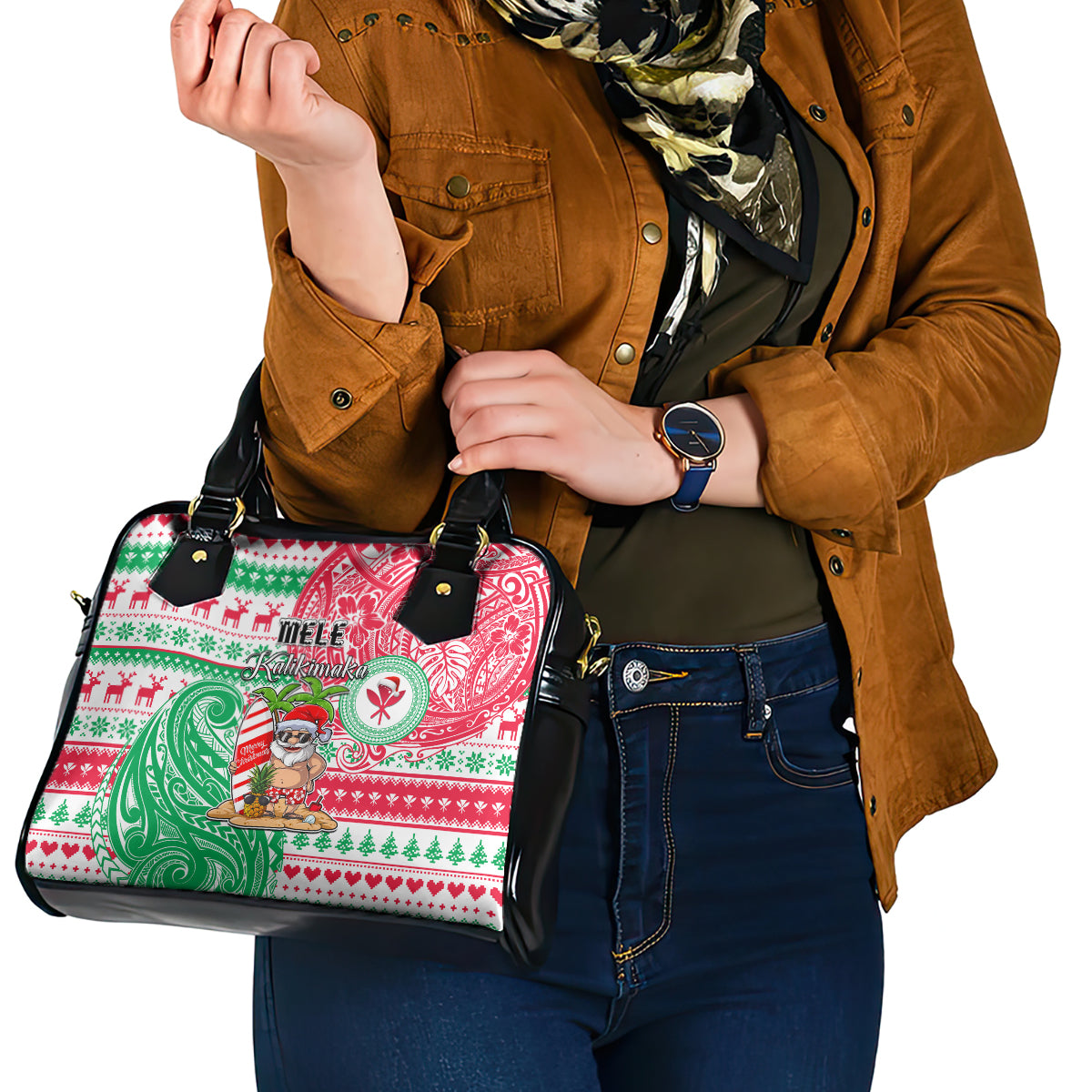 Hawaii Christmas Shoulder Handbag Santa Claus Surf Mele Kalikimaka LT05 - Polynesian Pride