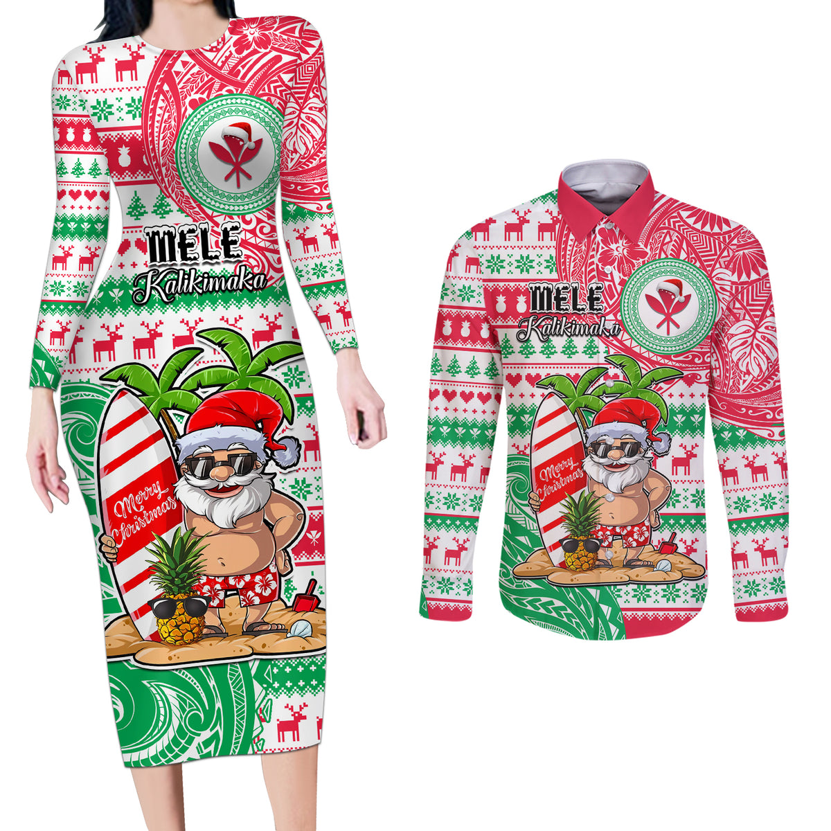 Personalized Hawaii Christmas Couples Matching Long Sleeve Bodycon Dress and Long Sleeve Button Shirts Santa Claus Surf Mele Kalikimaka LT05 Red - Polynesian Pride