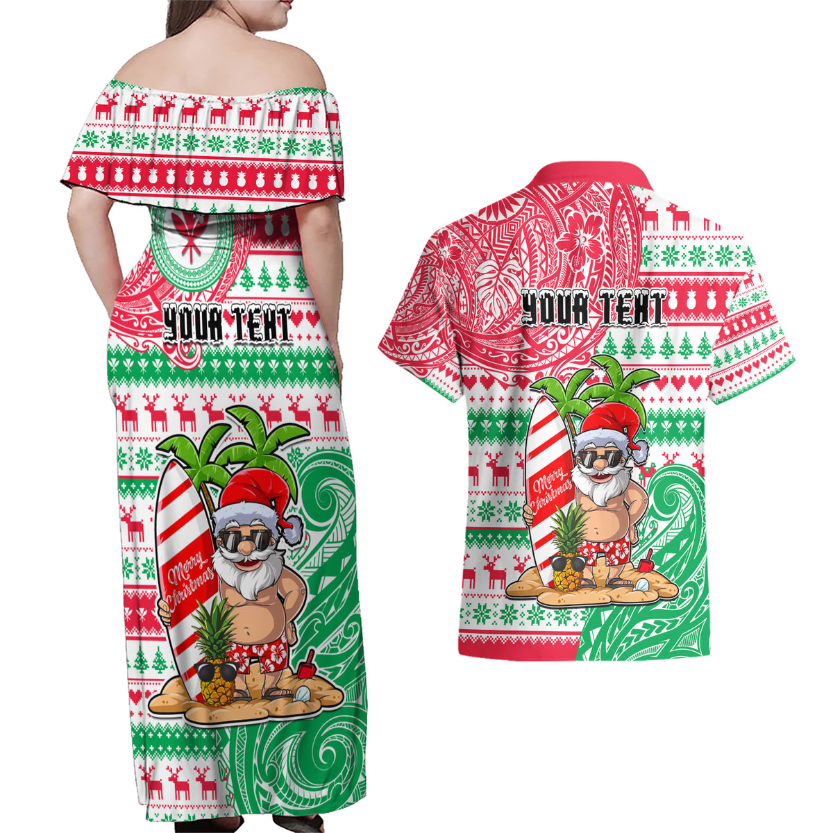 Personalized Hawaii Christmas Couples Matching Off Shoulder Maxi Dress and Hawaiian Shirt Santa Claus Surf Mele Kalikimaka LT05 - Polynesian Pride