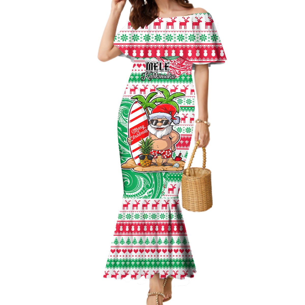 Personalized Hawaii Christmas Family Matching Mermaid Dress and Hawaiian Shirt Santa Claus Surf Mele Kalikimaka LT05 Mom's Dress Red - Polynesian Pride