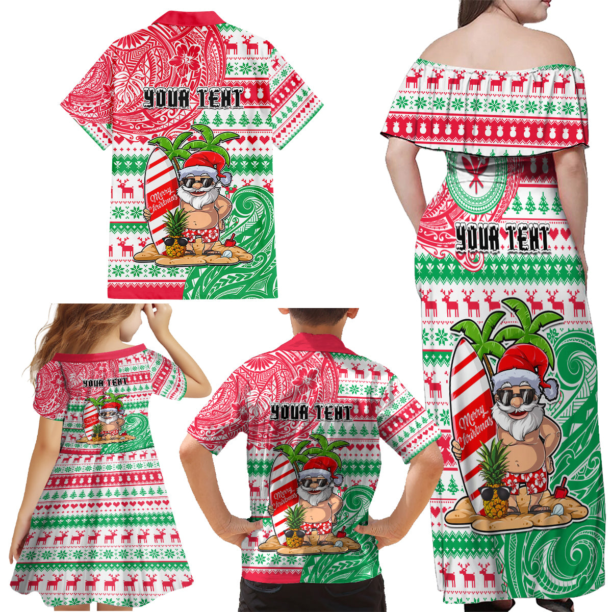 Personalized Hawaii Christmas Family Matching Off Shoulder Maxi Dress and Hawaiian Shirt Santa Claus Surf Mele Kalikimaka LT05 - Polynesian Pride