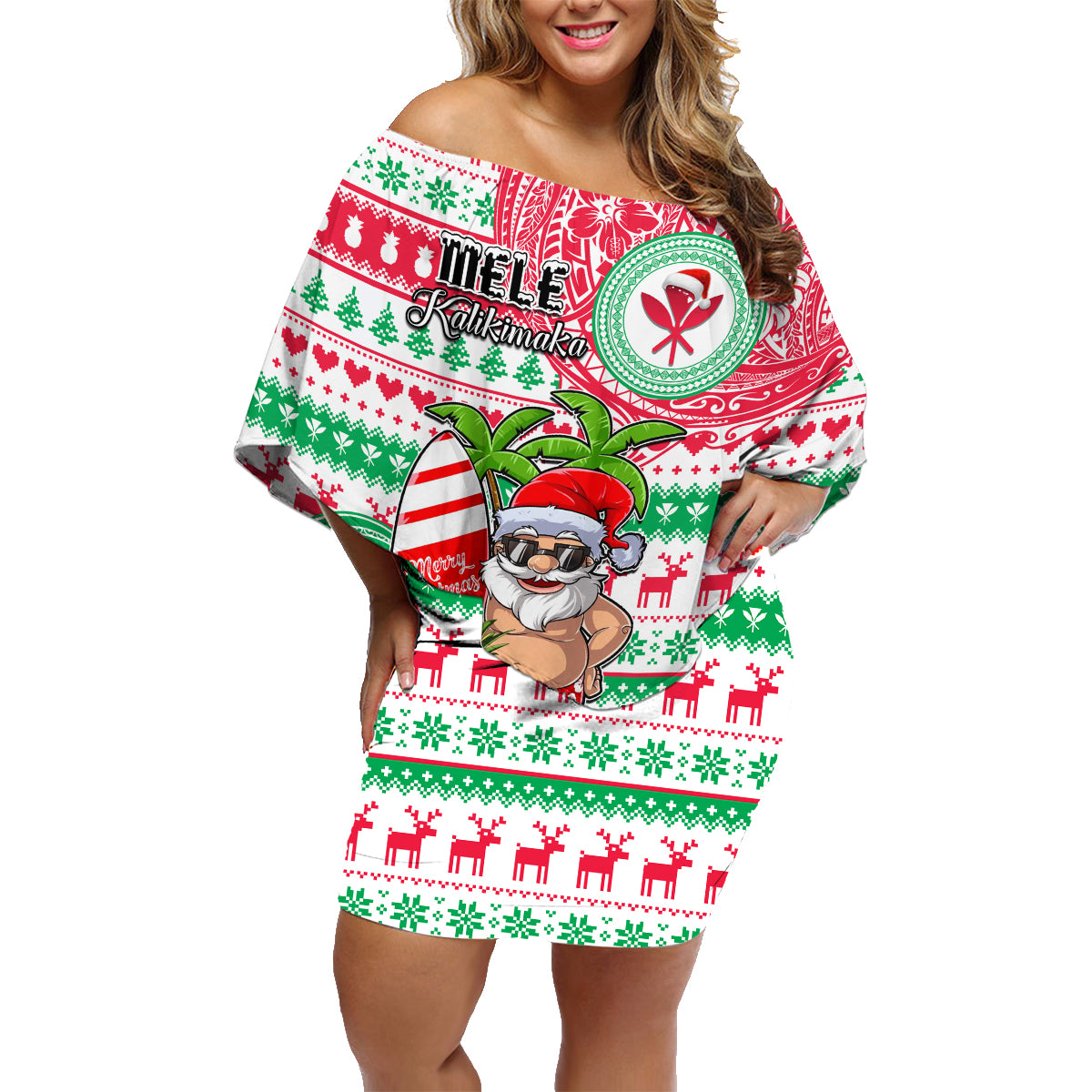 Personalized Hawaii Christmas Family Matching Off Shoulder Short Dress and Hawaiian Shirt Santa Claus Surf Mele Kalikimaka LT05 Mom's Dress Red - Polynesian Pride