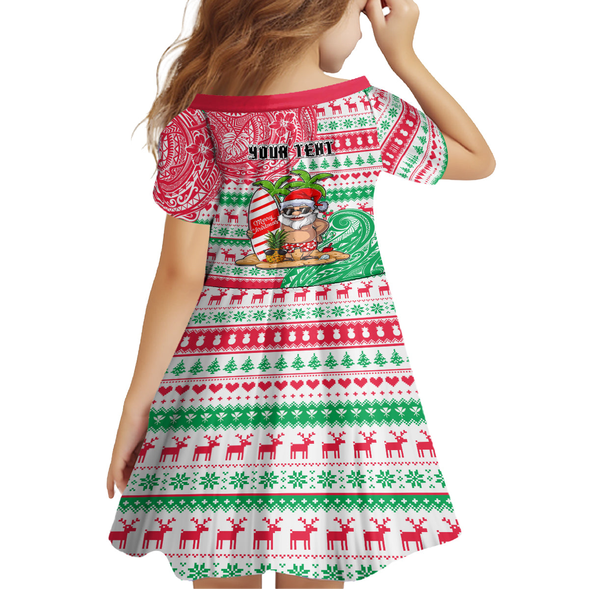 Personalized Hawaii Christmas Kid Short Sleeve Dress Santa Claus Surf Mele Kalikimaka LT05 - Polynesian Pride