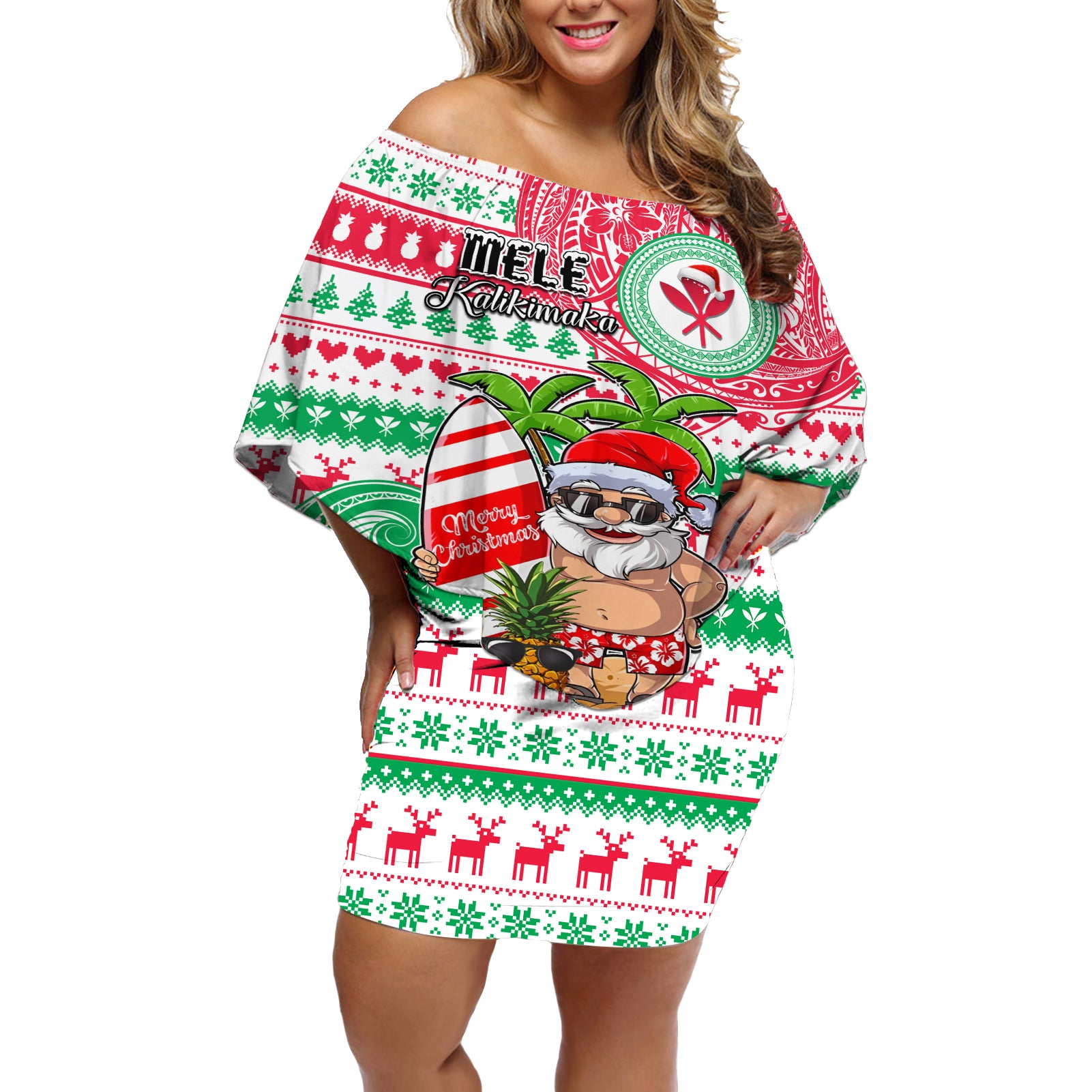 Personalized Hawaii Christmas Off Shoulder Short Dress Santa Claus Surf Mele Kalikimaka LT05 Women Red - Polynesian Pride