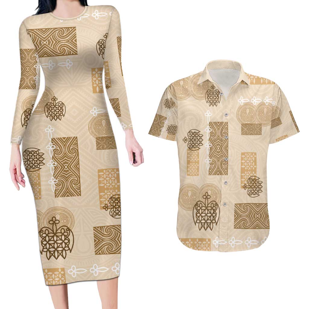 Vintage Lapita Couples Matching Long Sleeve Bodycon Dress and Hawaiian Shirt Iconic Double Face Pattern Beige
