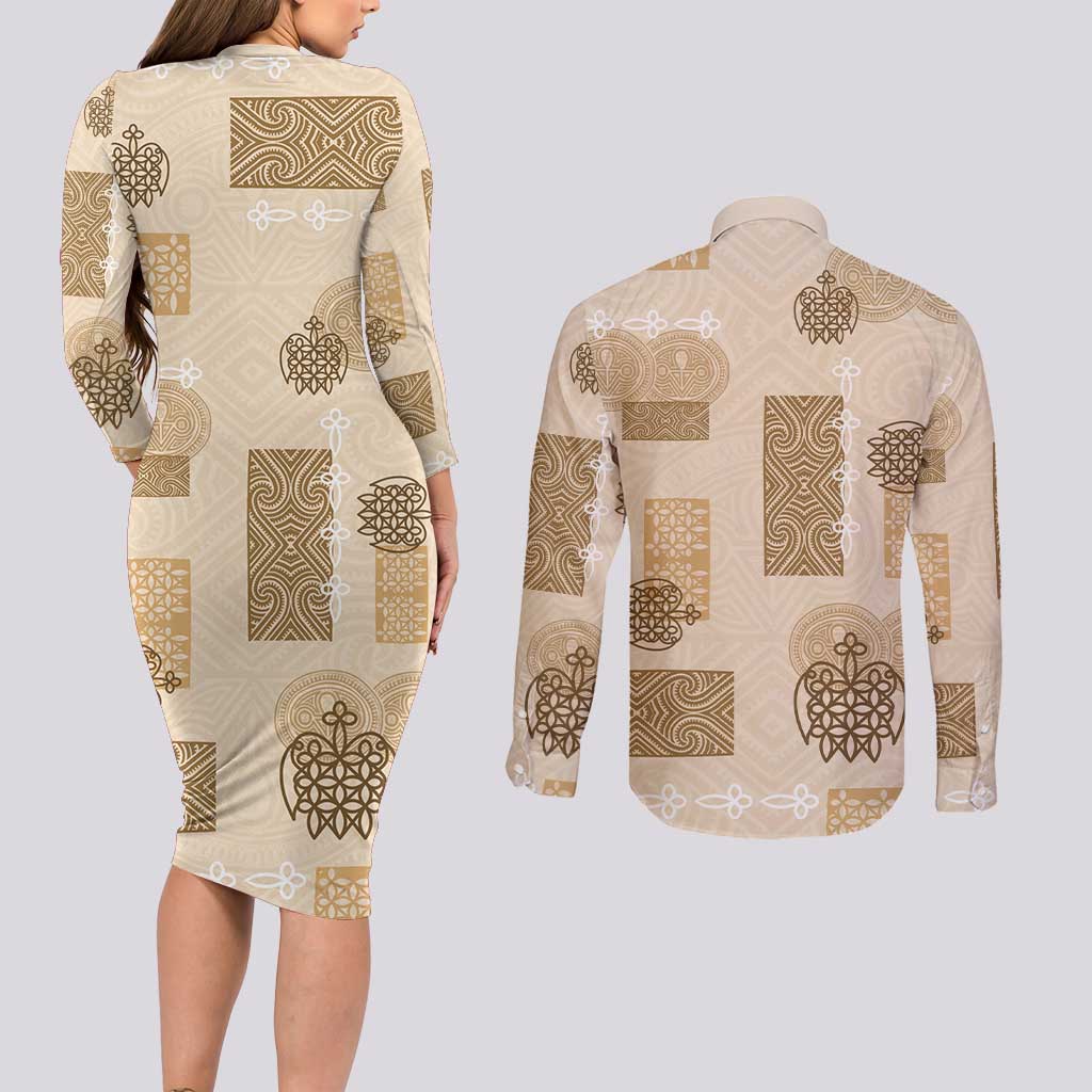 Vintage Lapita Couples Matching Long Sleeve Bodycon Dress and Long Sleeve Button Shirt Iconic Double Face Pattern Beige