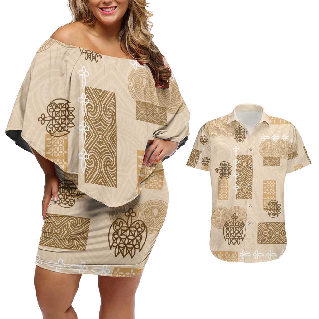 Vintage Lapita Couples Matching Off Shoulder Short Dress and Hawaiian Shirt Iconic Double Face Pattern Beige