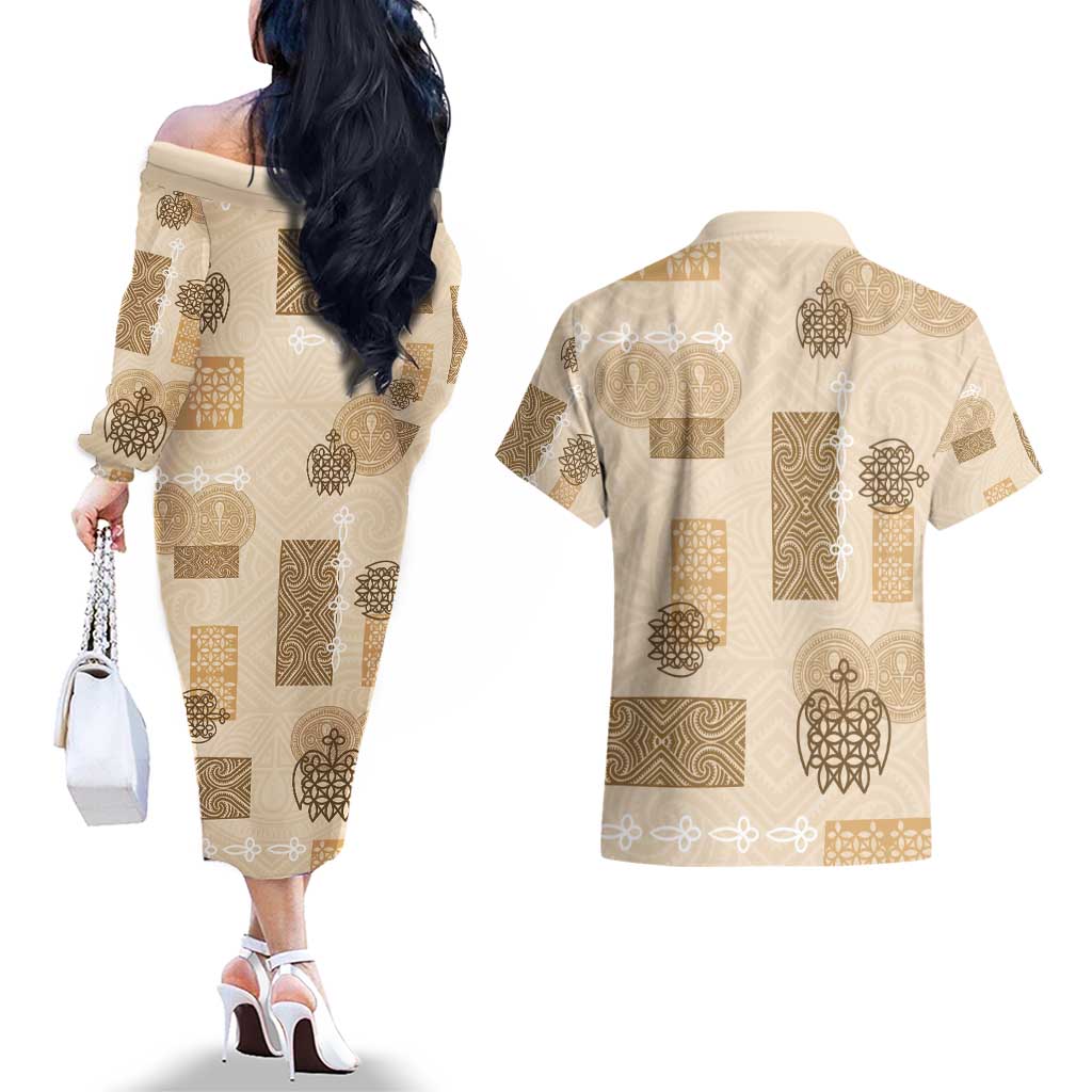 Vintage Lapita Couples Matching Off The Shoulder Long Sleeve Dress and Hawaiian Shirt Iconic Double Face Pattern Beige