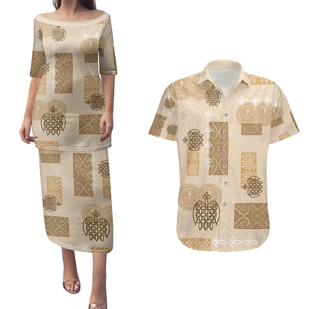 Vintage Lapita Couples Matching Puletasi and Hawaiian Shirt Iconic Double Face Pattern Beige