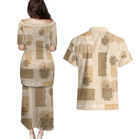 Vintage Lapita Couples Matching Puletasi and Hawaiian Shirt Iconic Double Face Pattern Beige