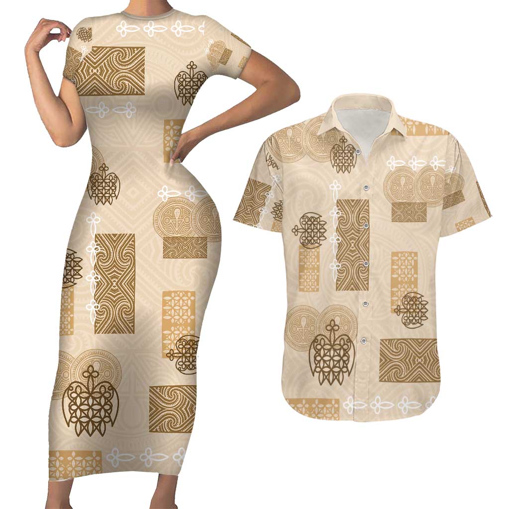 Vintage Lapita Couples Matching Short Sleeve Bodycon Dress and Hawaiian Shirt Iconic Double Face Pattern Beige