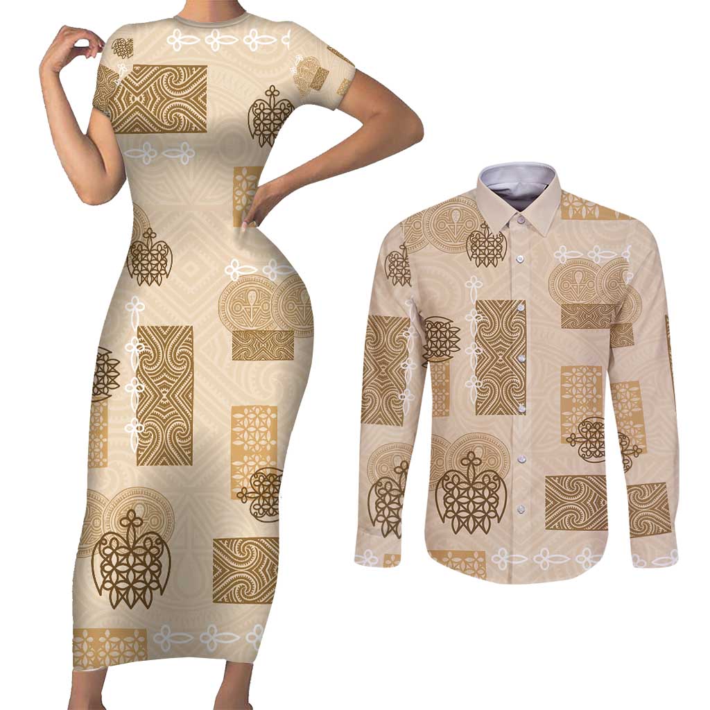 Vintage Lapita Couples Matching Short Sleeve Bodycon Dress and Long Sleeve Button Shirt Iconic Double Face Pattern Beige