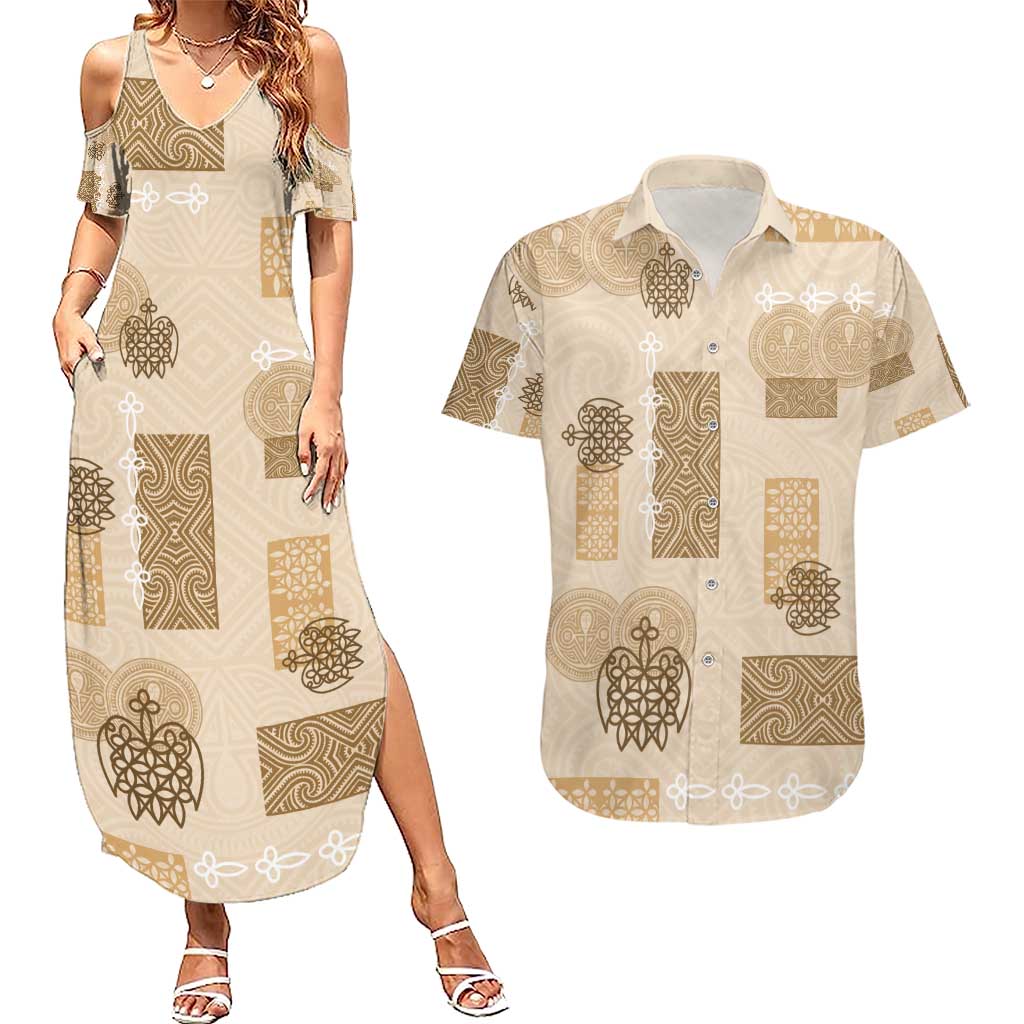 Vintage Lapita Couples Matching Summer Maxi Dress and Hawaiian Shirt Iconic Double Face Pattern Beige