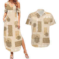 Vintage Lapita Couples Matching Summer Maxi Dress and Hawaiian Shirt Iconic Double Face Pattern Beige