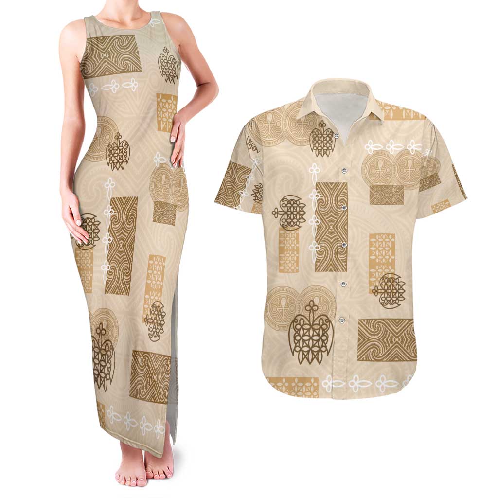 Vintage Lapita Couples Matching Tank Maxi Dress and Hawaiian Shirt Iconic Double Face Pattern Beige