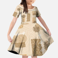 Vintage Lapita Family Matching Long Sleeve Bodycon Dress and Hawaiian Shirt Iconic Double Face Pattern Beige