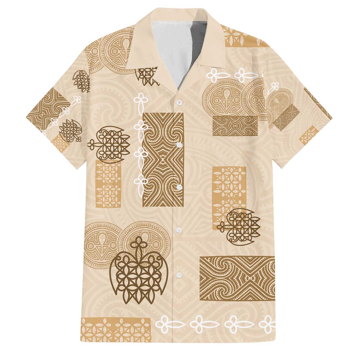 Vintage Lapita Family Matching Off The Shoulder Long Sleeve Dress and Hawaiian Shirt Iconic Double Face Pattern Beige
