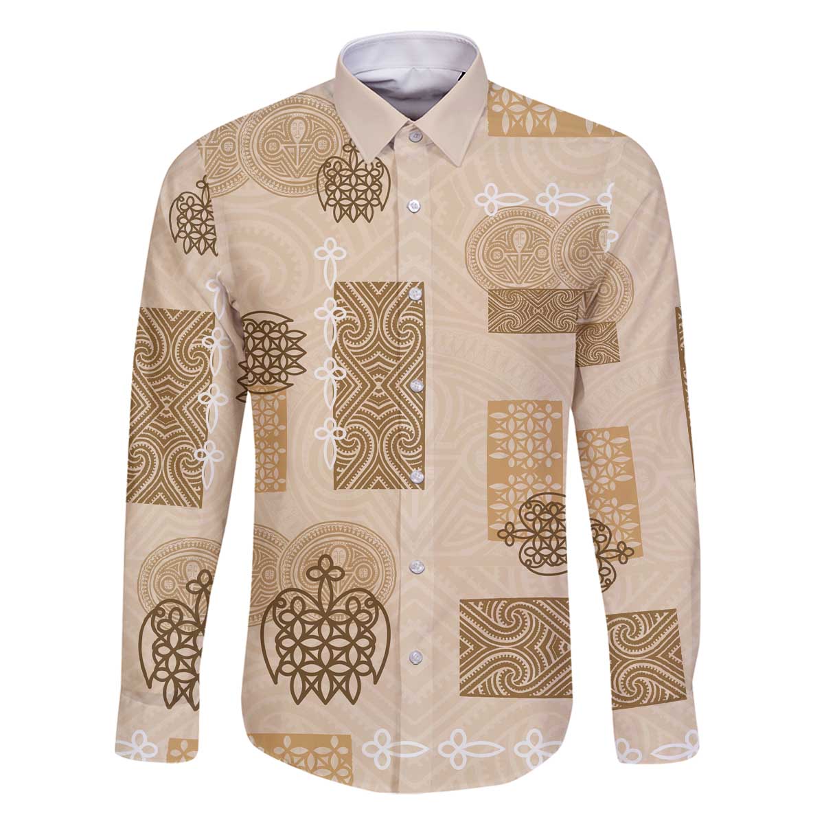 Vintage Lapita Family Matching Off The Shoulder Long Sleeve Dress and Hawaiian Shirt Iconic Double Face Pattern Beige