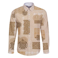 Vintage Lapita Family Matching Off The Shoulder Long Sleeve Dress and Hawaiian Shirt Iconic Double Face Pattern Beige