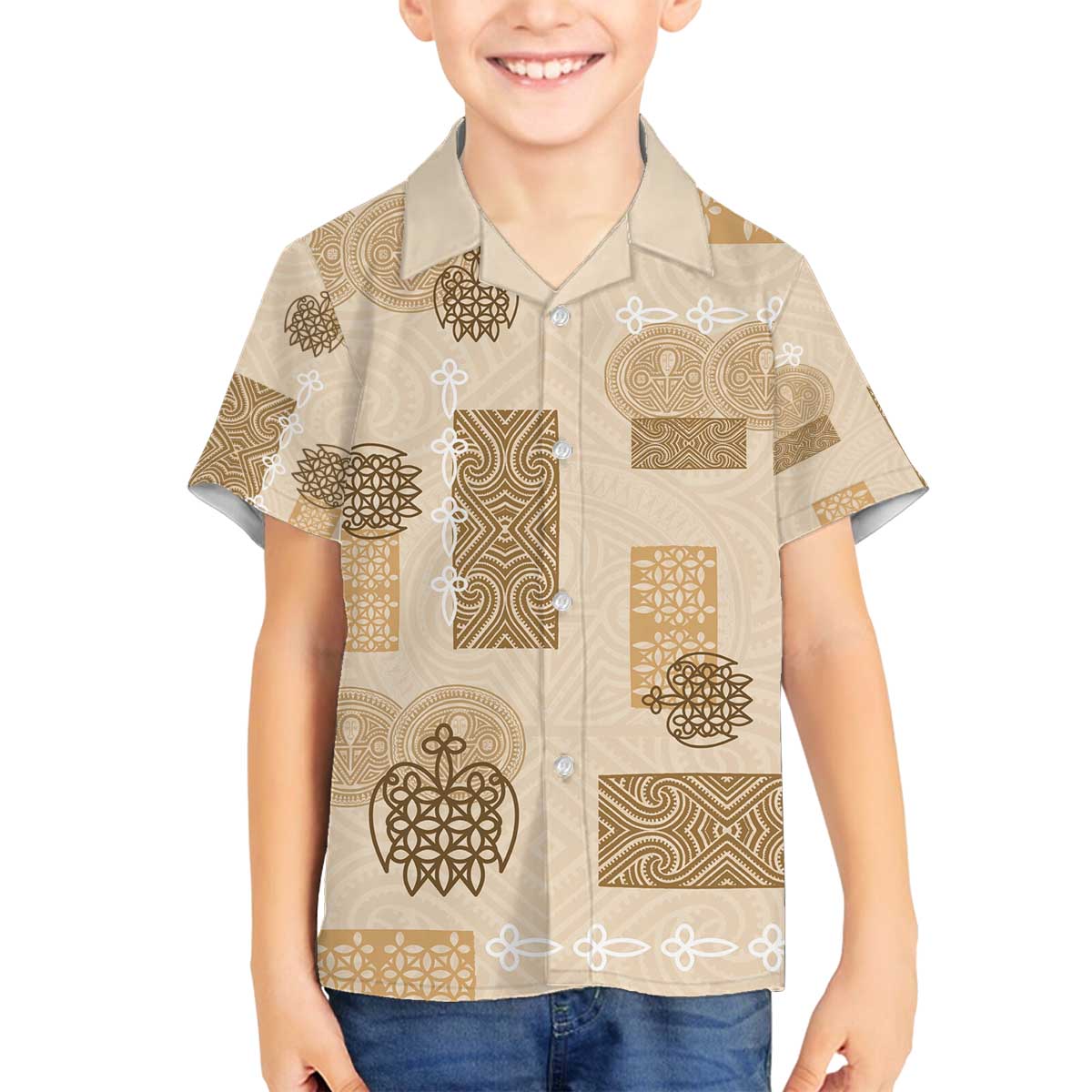 Vintage Lapita Family Matching Off The Shoulder Long Sleeve Dress and Hawaiian Shirt Iconic Double Face Pattern Beige