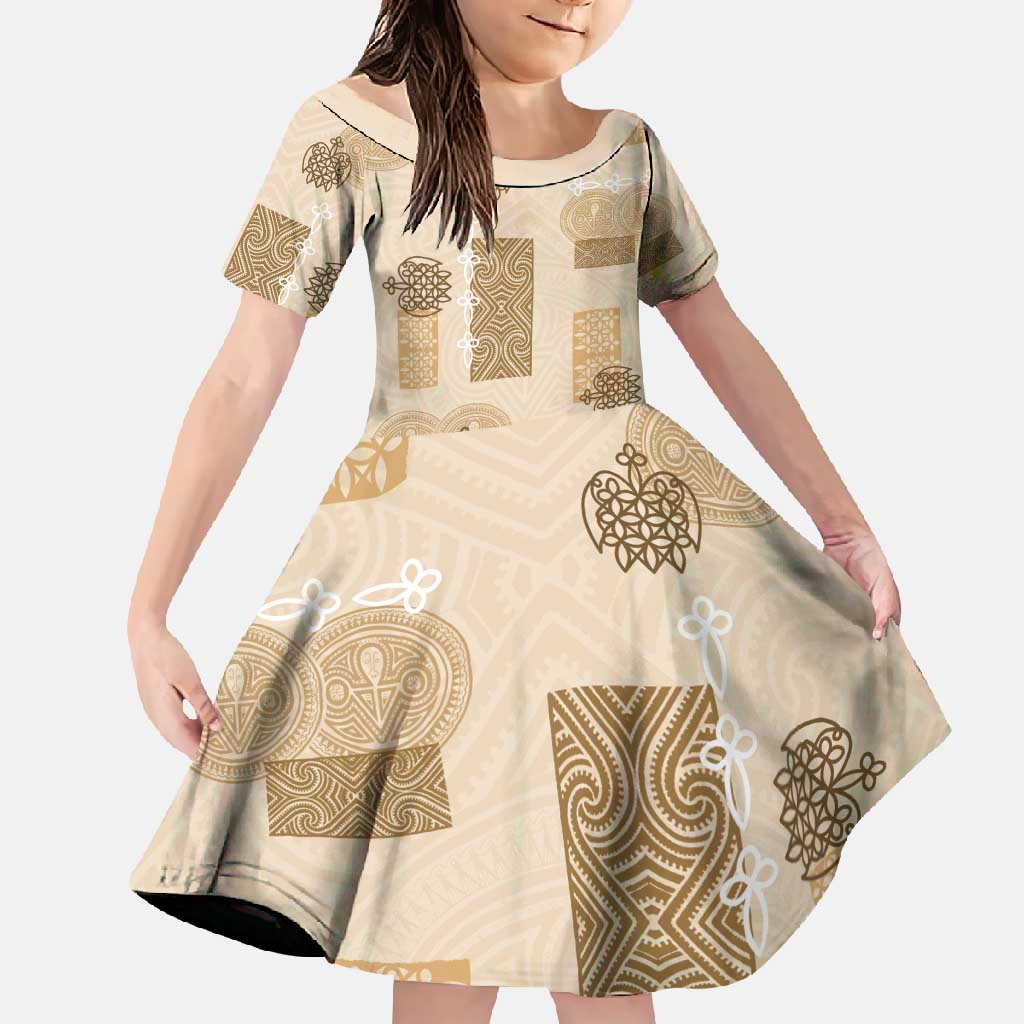 Vintage Lapita Family Matching Off Shoulder Maxi Dress and Hawaiian Shirt Iconic Double Face Pattern Beige