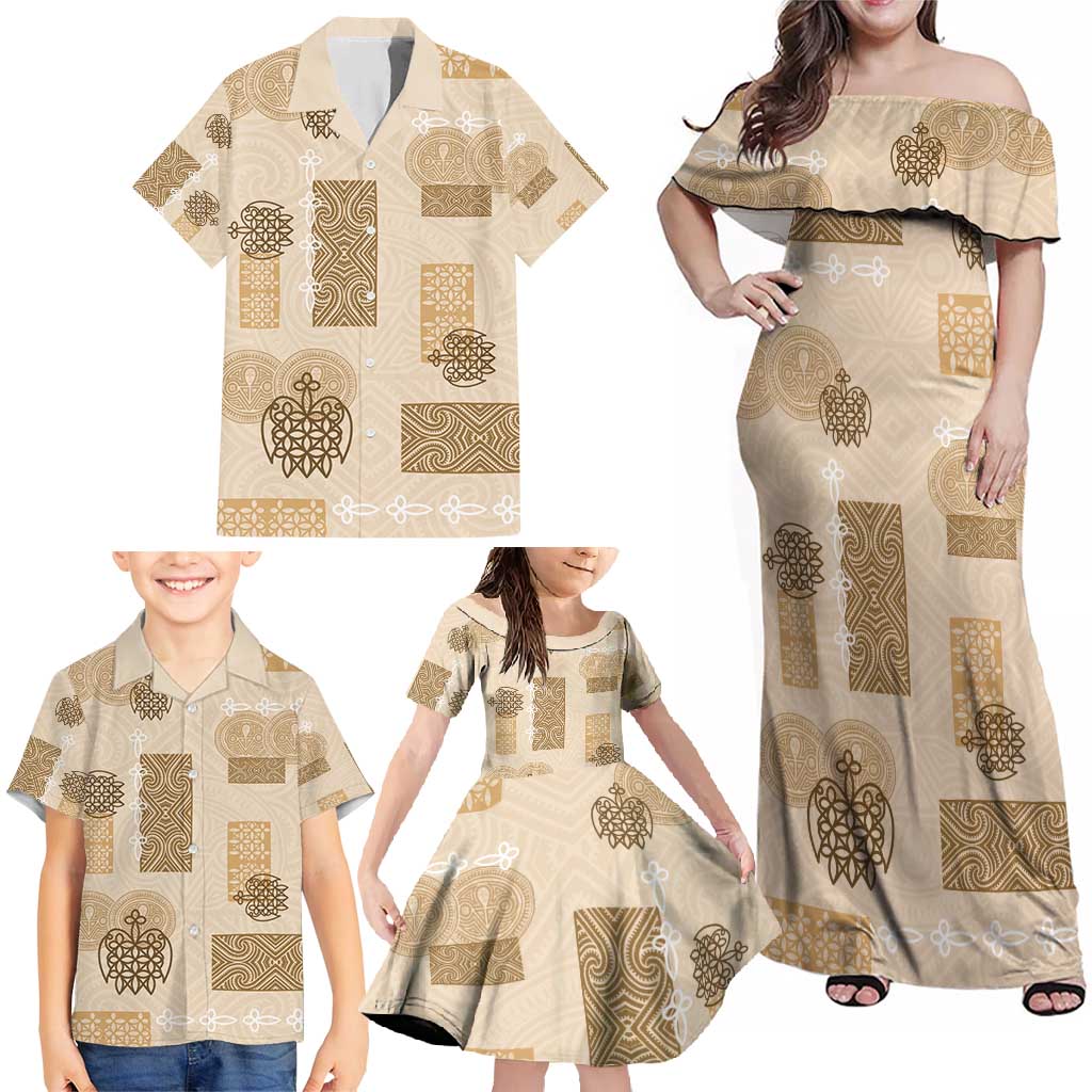 Vintage Lapita Family Matching Off Shoulder Maxi Dress and Hawaiian Shirt Iconic Double Face Pattern Beige