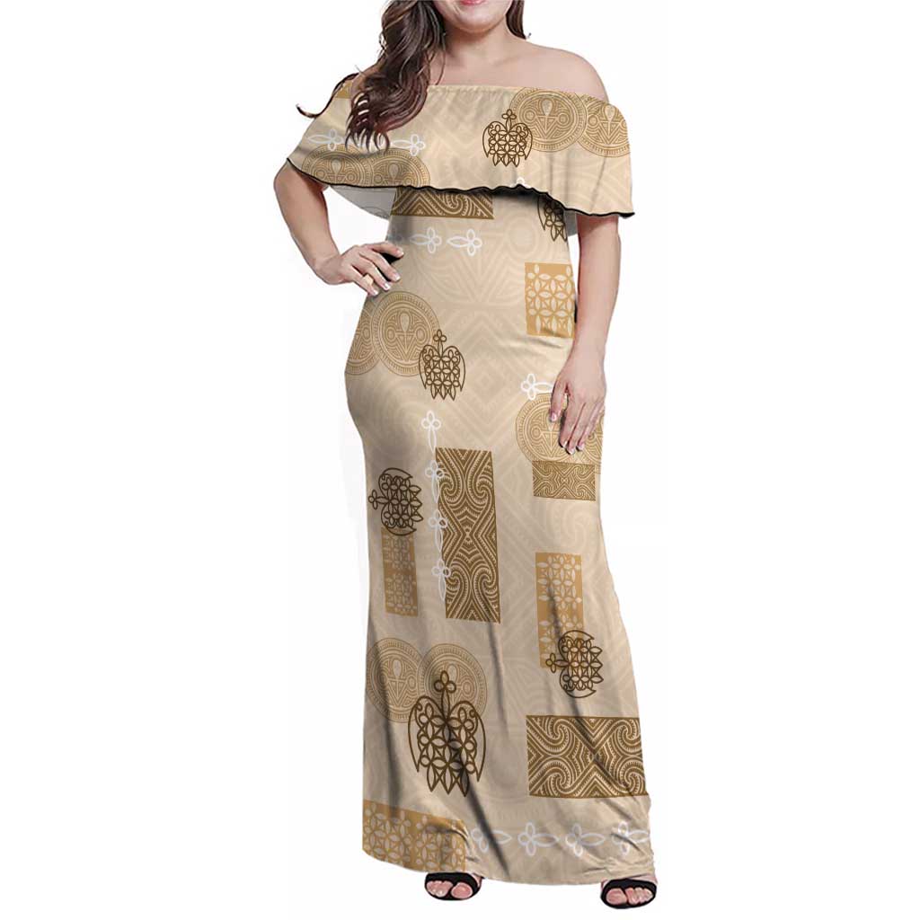 Vintage Lapita Family Matching Off Shoulder Maxi Dress and Hawaiian Shirt Iconic Double Face Pattern Beige