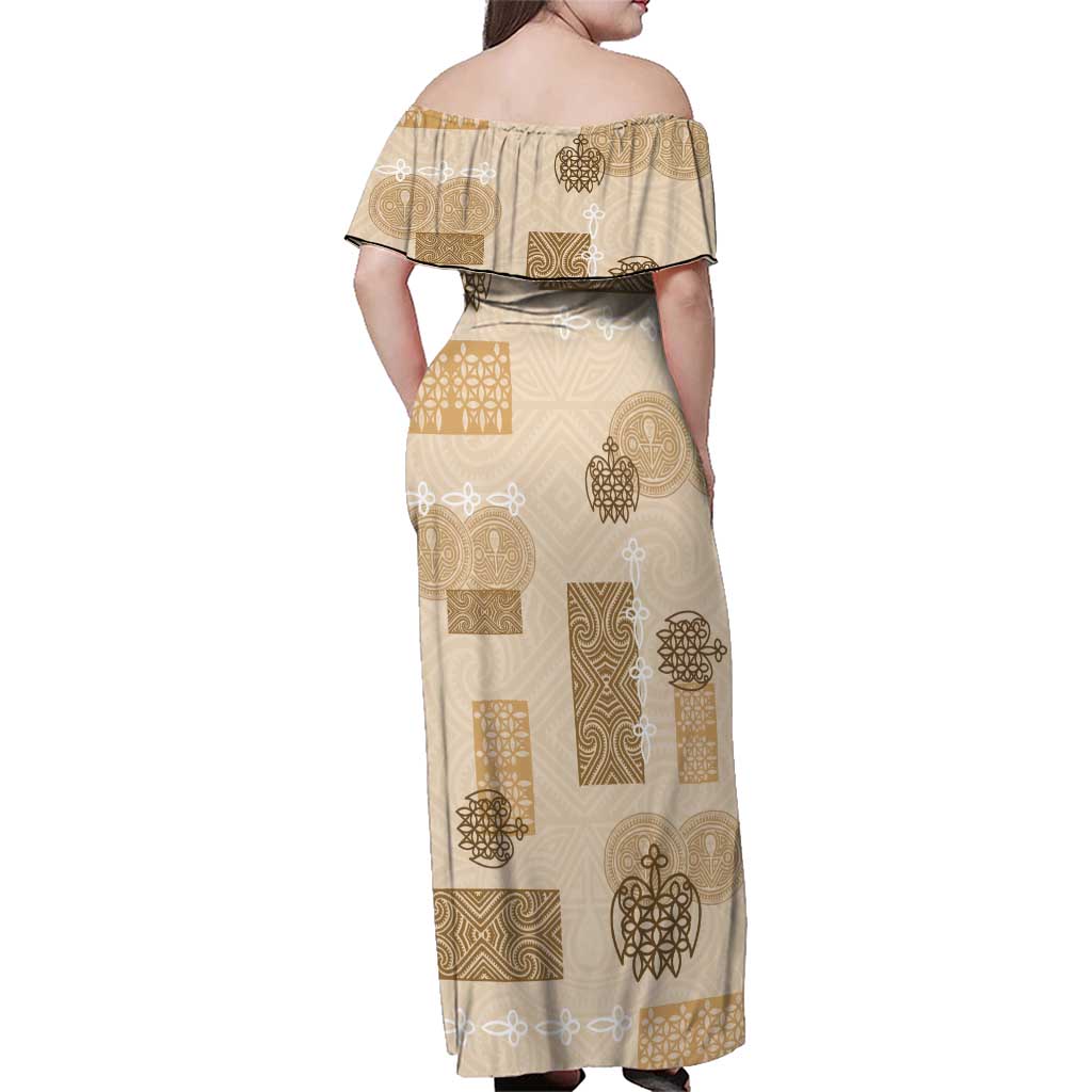 Vintage Lapita Family Matching Off Shoulder Maxi Dress and Hawaiian Shirt Iconic Double Face Pattern Beige