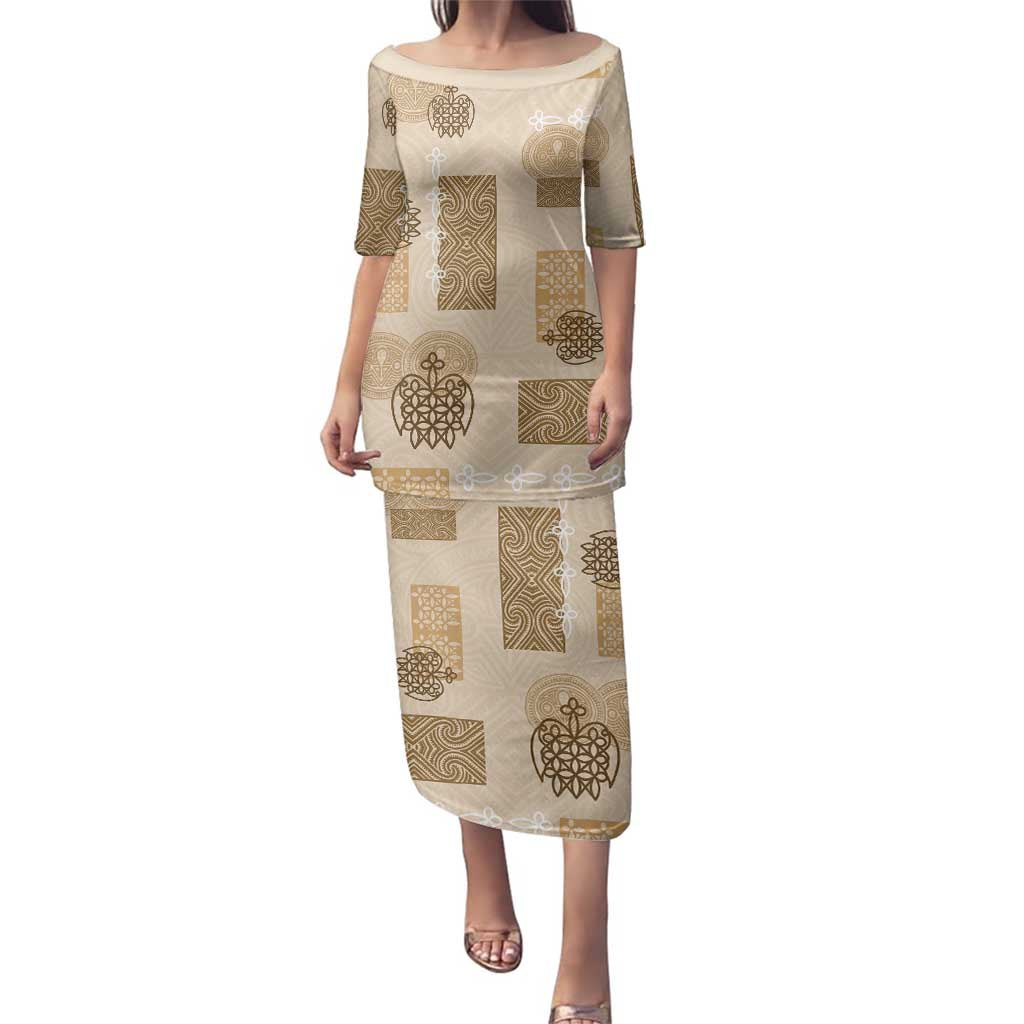 Vintage Lapita Family Matching Puletasi and Hawaiian Shirt Iconic Double Face Pattern Beige