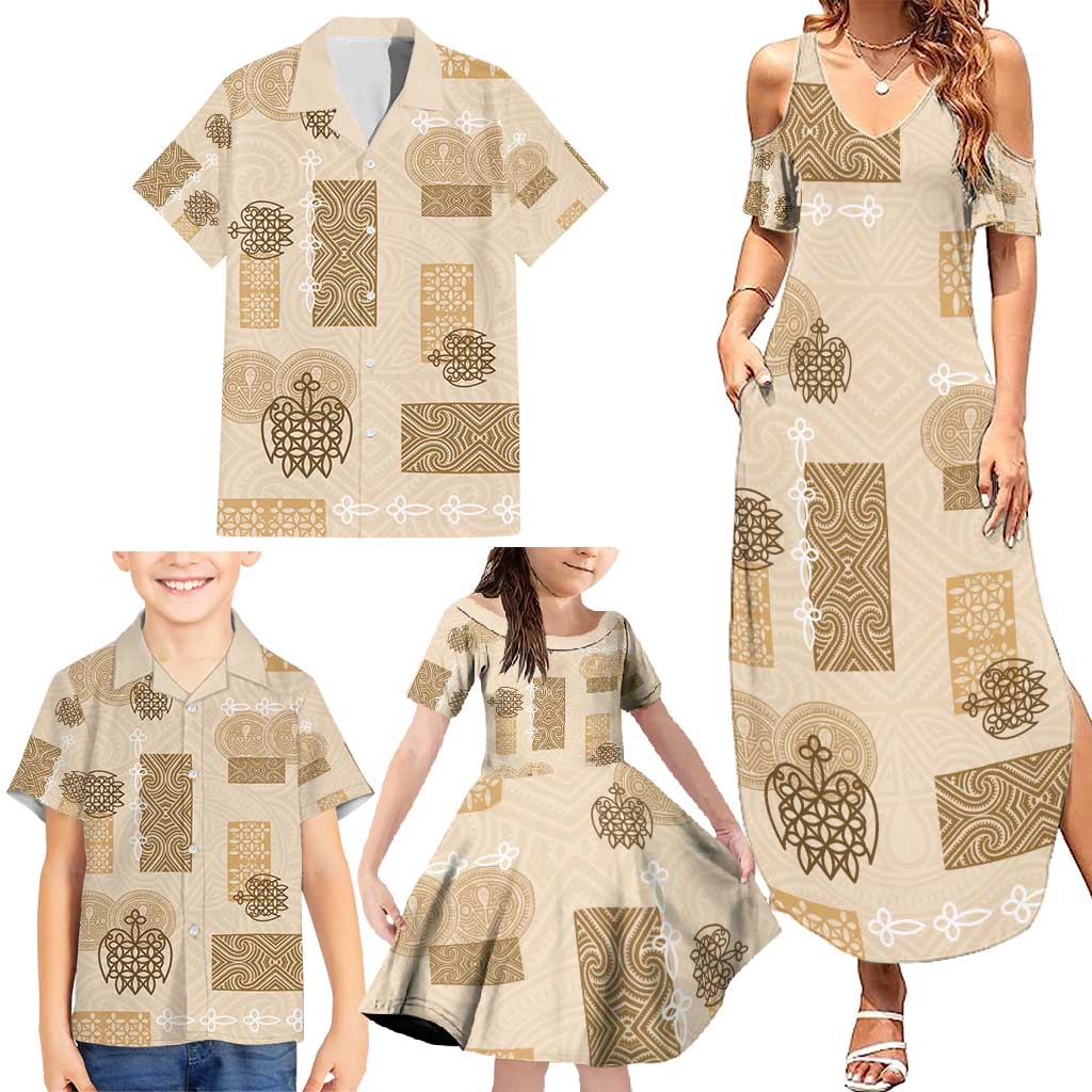 Vintage Lapita Family Matching Summer Maxi Dress and Hawaiian Shirt Iconic Double Face Pattern Beige