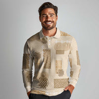 Vintage Lapita Long Sleeve Polo Shirt Iconic Double Face Pattern Beige