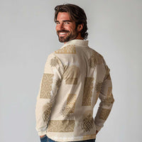 Vintage Lapita Long Sleeve Polo Shirt Iconic Double Face Pattern Beige